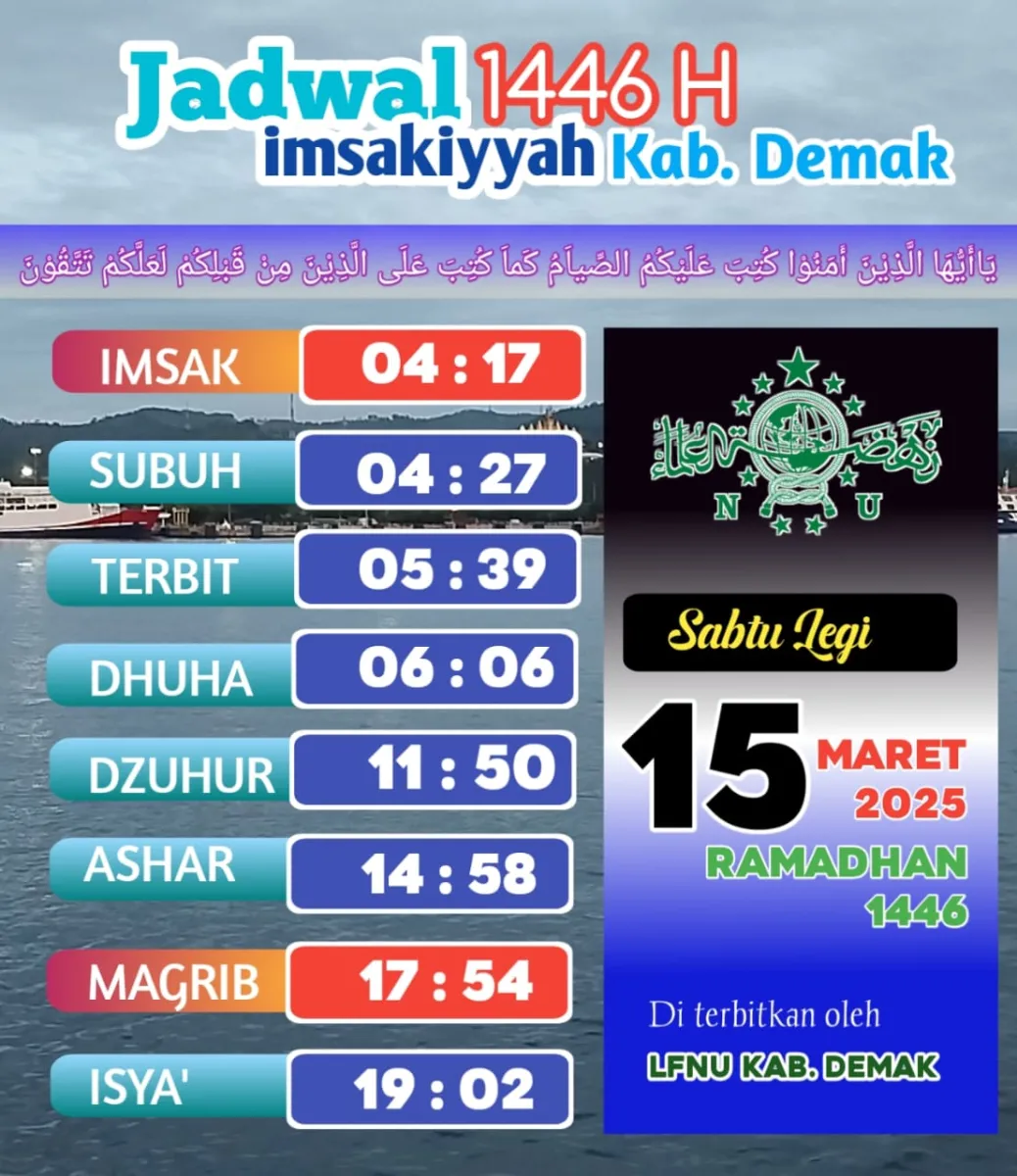 Jadwal Imsakiyah 15 Ramadlan Menurut Lembaga Falakiyah PCNU Demak, Berikut Rinciannya