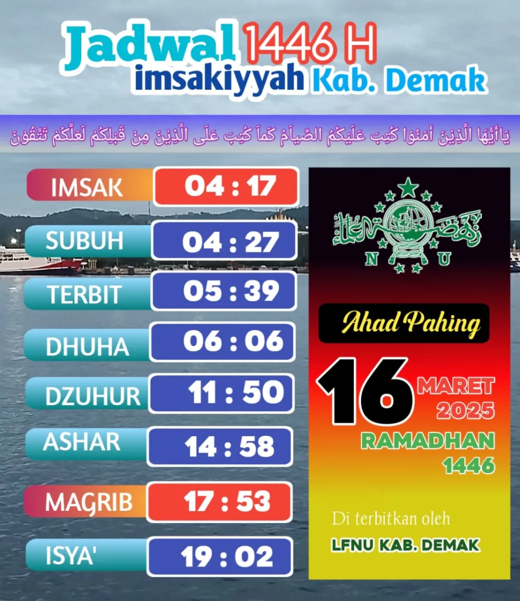 Jadwal Imsakiyah 16 Ramadlan Menurut Lembaga Falakiyah PCNU Demak, Berikut Rinciannya