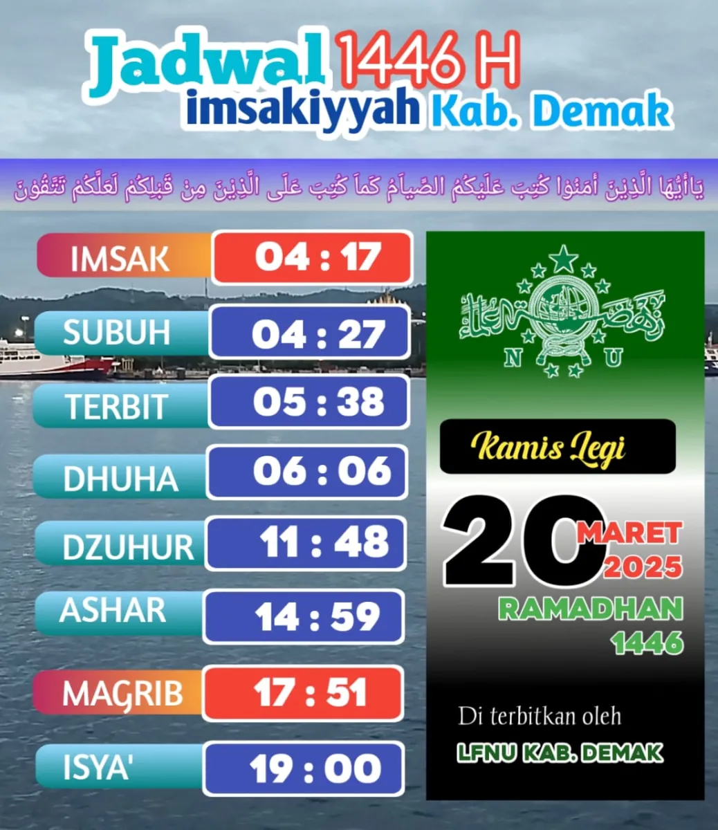 Jadwal Imsakiyah 20 Ramadlan Menurut Lembaga Falakiyah PCNU Demak, Berikut Rinciannya