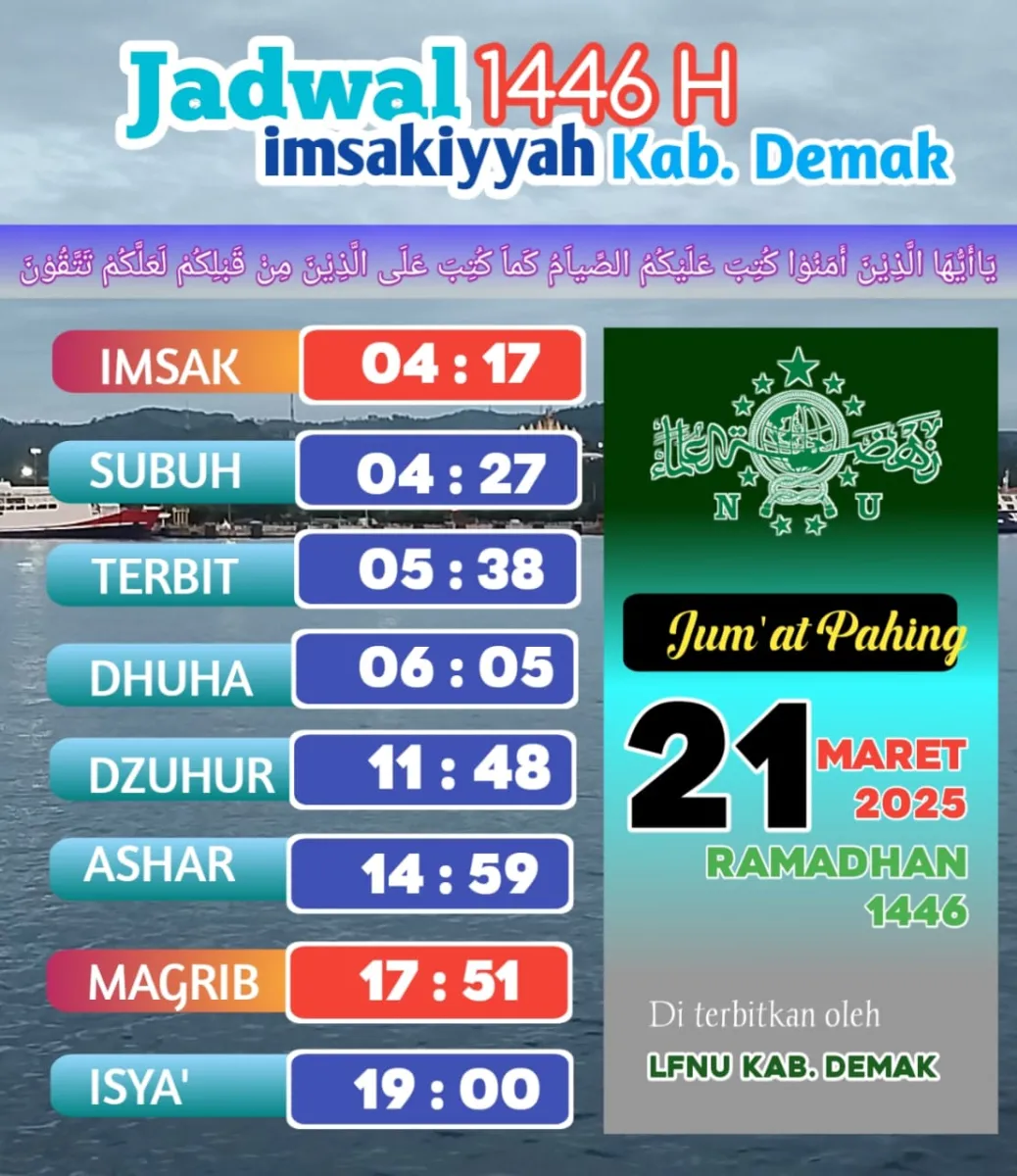 Jadwal Imsakiyah 21 Ramadlan Menurut Lembaga Falakiyah PCNU Demak, Berikut Rinciannya