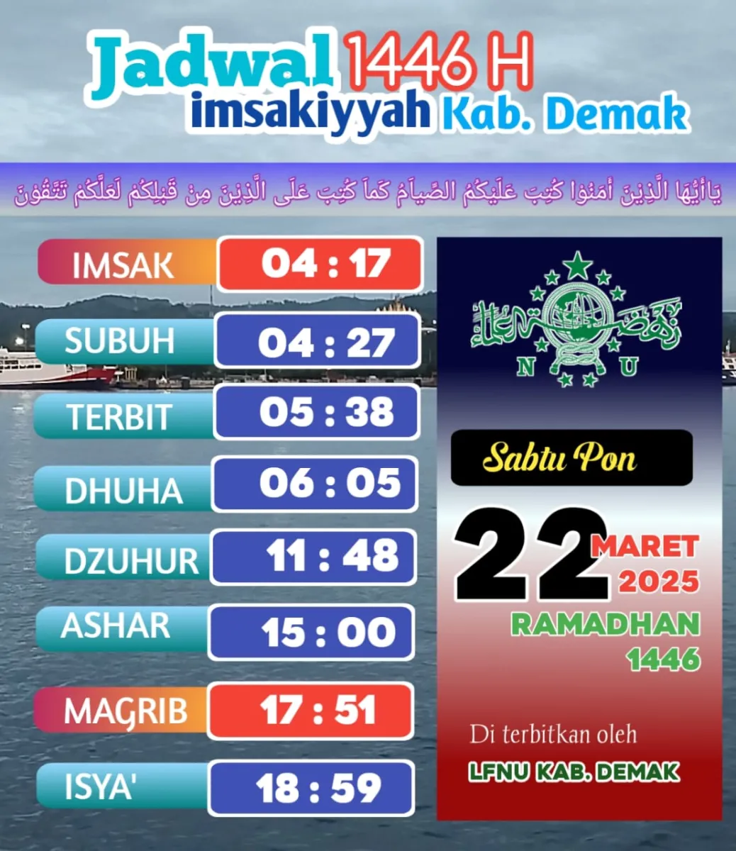 Jadwal Imsakiyah 22 Ramadlan Menurut Lembaga Falakiyah PCNU Demak, Berikut Rinciannya