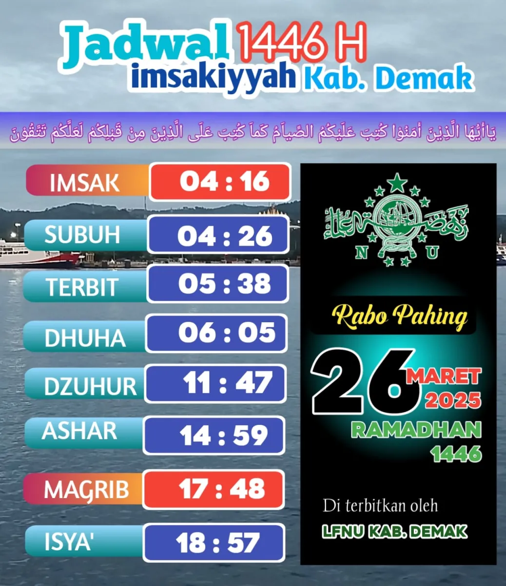 Jadwal Imsakiyah 26 Ramadlan Menurut Lembaga Falakiyah PCNU Demak, Berikut Rinciannya